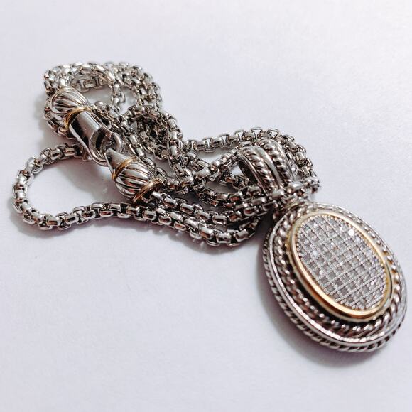 Vintage Signed Two Tone Necklace Pavé Crystal Oval Pendant Box Chain Sparkling - Picture 11 of 14